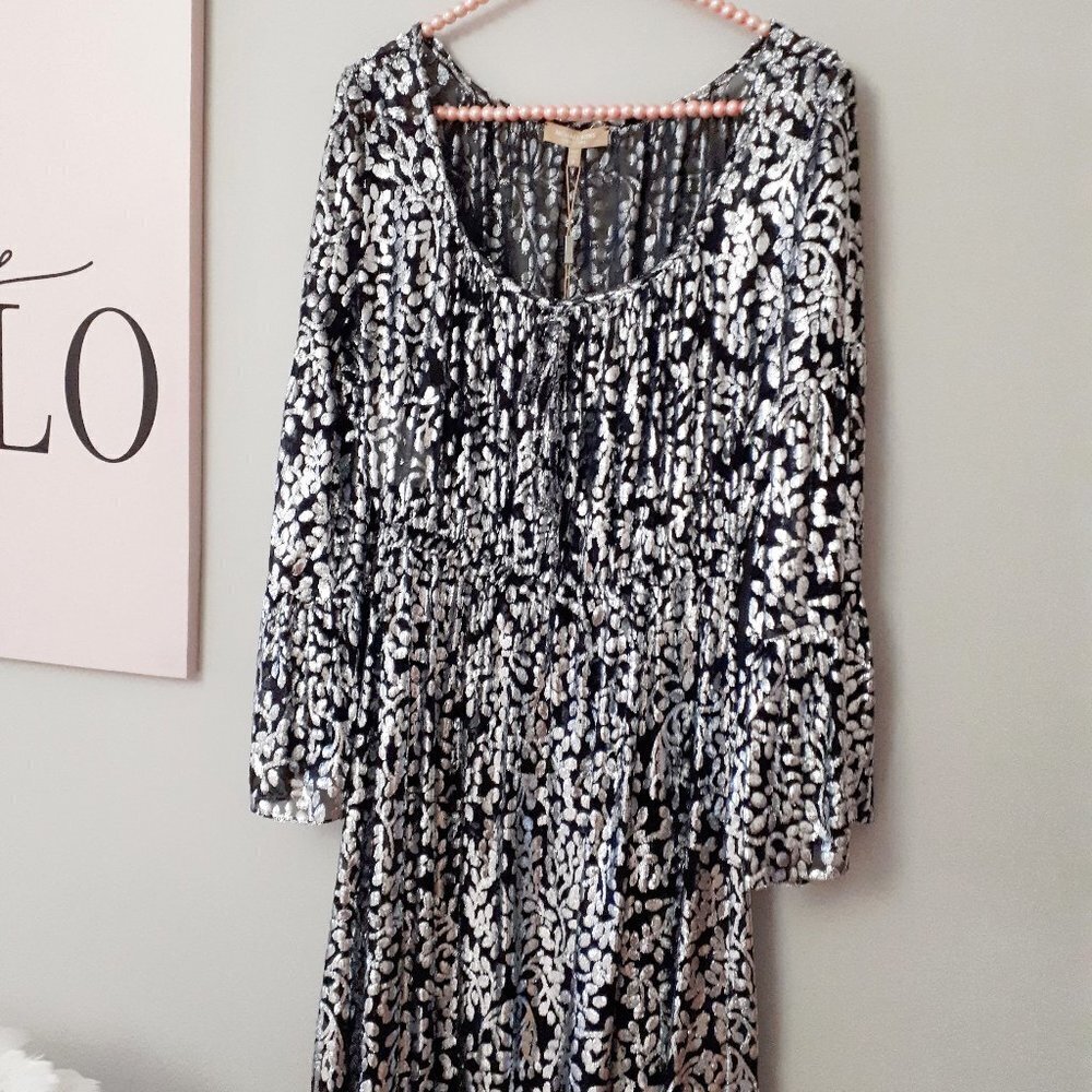 NWT Michael Kors black & silver metallic fibre floral print long sleeve dress, 8 - Picture 4 of 12